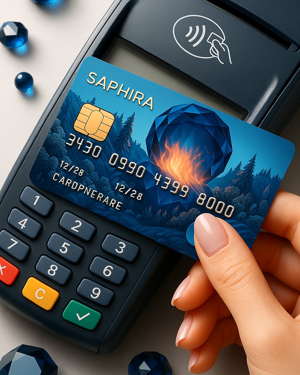 Mão aproximando o cartão SAPHIRA de uma maquininha